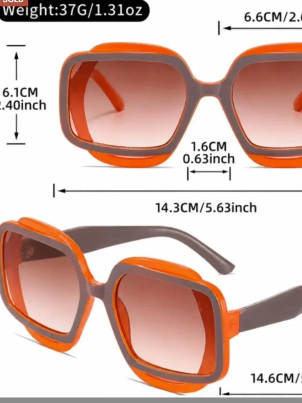 Retro Orange Oversized Square Sunglasses Boho Chic Statement Vintage Shades rave